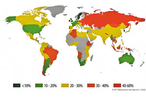География атак через веб-ресурсы, 2015 г. (процент атакованных корпоративных пользователей в стране). Источник: “Лаборатория Касперского”, декабрь 2015 г.
