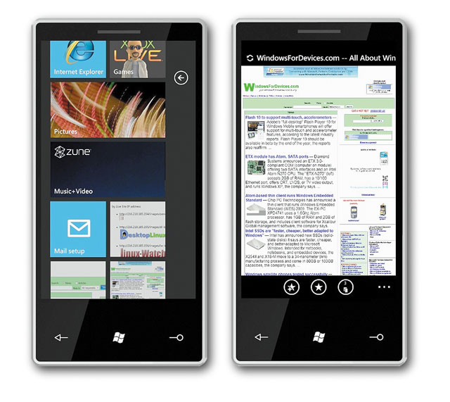 Главное окно (слева) и веб-браузер Internet Explorer (справа) в Windows Phone 7 Главное окно (слева) и веб-браузер Internet Explorer (справа) в Windows Phone 7