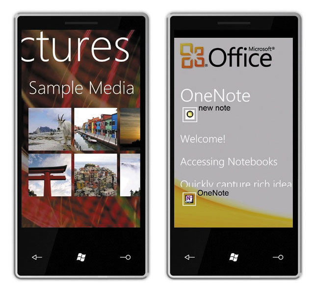 Хаб картинок (слева) и приложение OneNote (справа) в Windows Phone 7 Хаб картинок (слева) и приложение OneNote (справа) в Windows Phone 7
