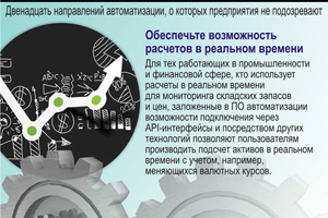 Обеспечьте возможность расчетов в реальном времени. Для тех работающих в промышленности и финансовой сфере, кто использует расчеты в реальном времени для мониторинга складских запасов и цен, заложенные в ПО автоматизации возможности подключения через API-интерфейсы и посредством других технологий позволяют пользователям производить подсчет активов в реальном времени с учетом, например, меняющихся валютных курсов.
