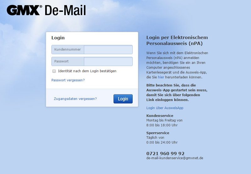Форма авторизации в De-Mail провайдера GMX.