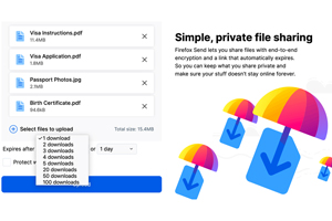 Firefox Send позволяет загрузить в хранилище на серверах Mozilla файл размером до 1 Гб в анонимном режиме и 2,5 Гб — при создании зарегистрированной учетной записи