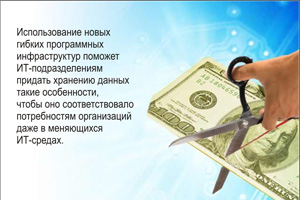 Предприятия будут требовать гибкости. На что бы предприятия не выделяли деньги, начиная с обеспечения наличия и доступности данных 24 часа в сутки 7 дней в неделю и заканчивая совершенствованием программных средств управления,  они хотят быть уверены в том, что каждый вложенный ими доллар дает максимальную отдачу. Использование гибких программных инфраструктур нового поколения поможет ИТ-подразделениям придать хранению данных такие особенности, чтобы оно соответствовало потребностям организаций независимо от изменений в ИТ-среде.