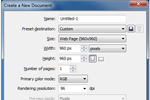 Окно New Document, открываемое CorelDRAW при создании нового документа, с данными о выбранном формате веб-страницы, показывающее все размеры в пикселах