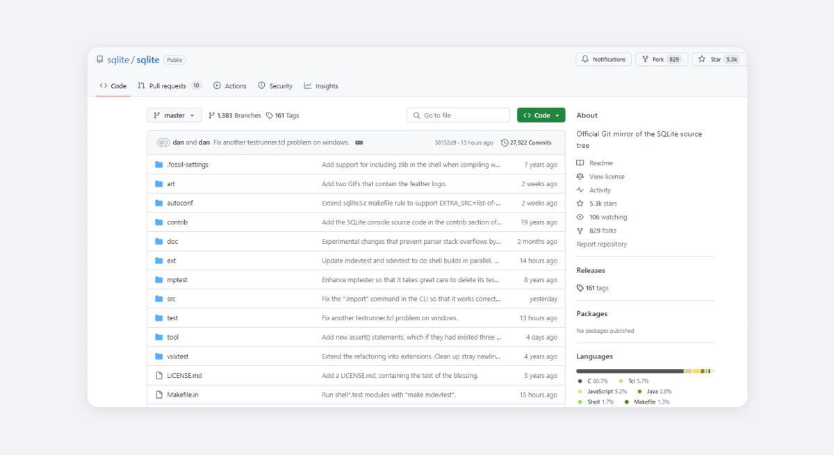 SQLite — встраиваемая СУБД с Public Domain лицензией СС0, которая используется практически везде, в том числе в Google Chrome, Safari, iOS и Android